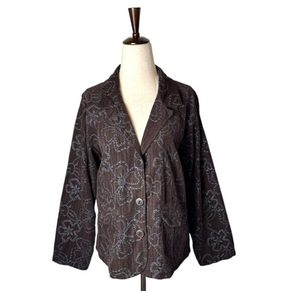 Flax Blazer Women Small Brown Blue Floral Embroidery Corduroy Chore Coat - Picture 1 of 11